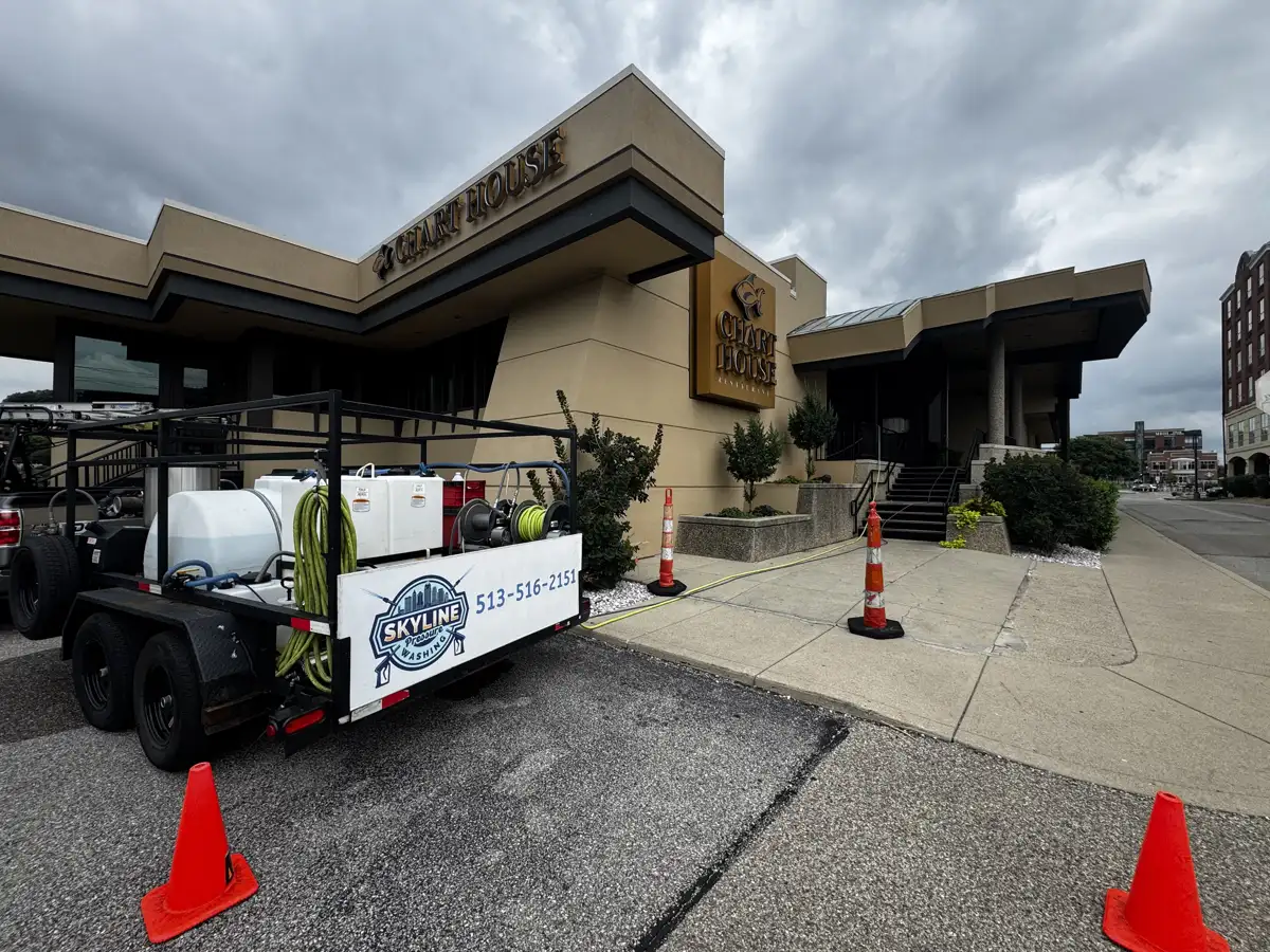 Commercial office building exterior, cleaned