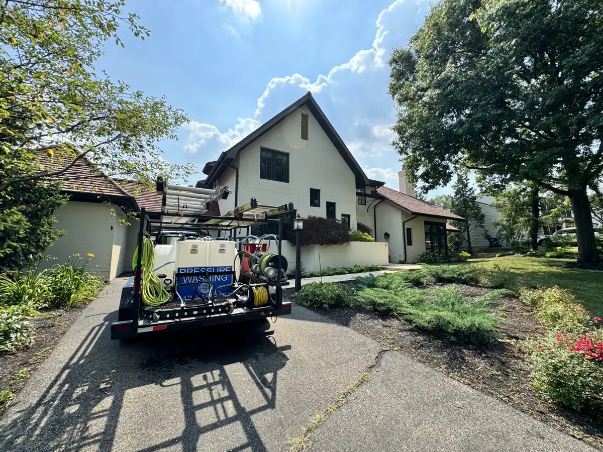 Skyline equipment trailer on-site at a residential exterior cleaning job